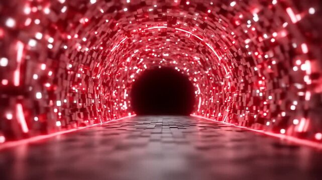 Abstract Red Lit Tunnel with Geometric Square Pattern on Walls and Floor Glowing With Bright Illumination and Futuristic Design for Adobe Stock Photo