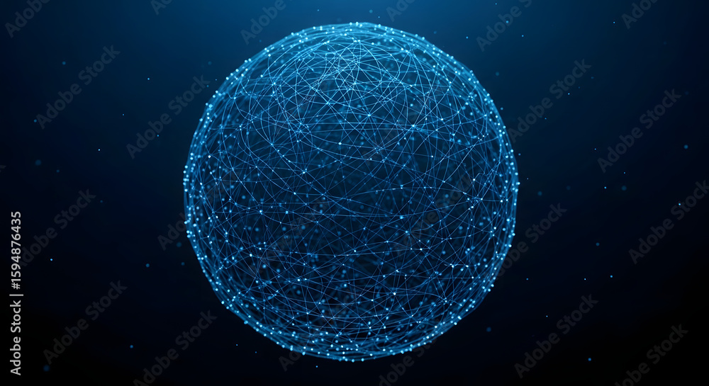 Poster a glowing sphere composed of interconnected dots floating against a dark blue background.