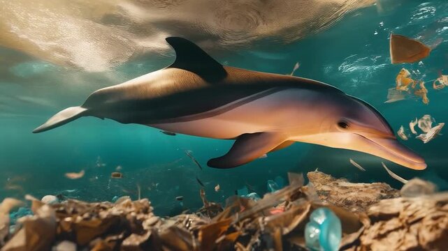 Underwater footage of a dolphin swimming among marine debris emphasizes the problem of ocean pollution. Applicable in environmental campaigns and educational materials.

