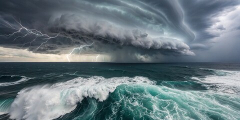 Storm clouds gather over ocean waves as lightning strikes during a dramatic weather event in the late afternoon