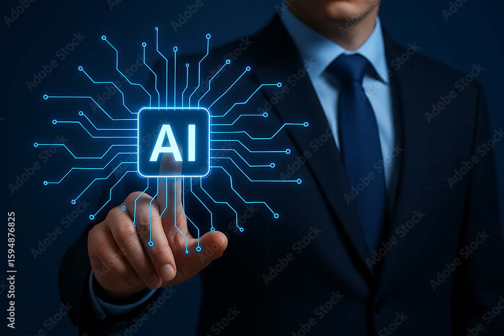 Poster business professional interacts with a glowing ai interface, symbolizing advanced technology and mod