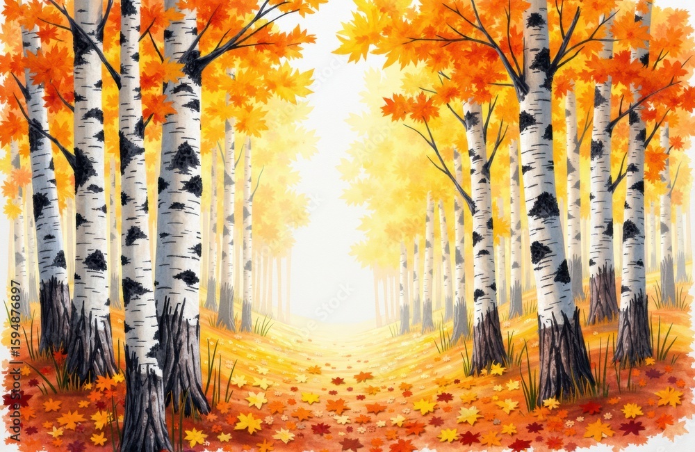Poster autumn forest scene with colorful fall foliage and birch trees creating a peaceful pathway