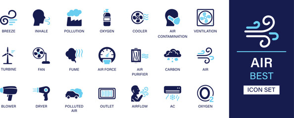 Air icon set collection. Pollution, oxygen, cooler, ventilation, turbine, fan, fume, air force, air purifier, air dryer and best solid icon set.