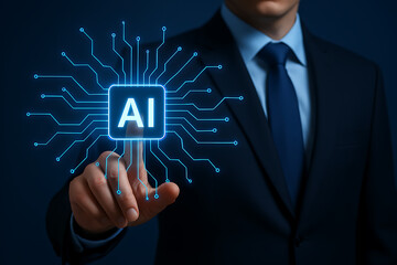 Business professional interacts with a glowing AI interface, symbolizing advanced technology and modern digital solutions.