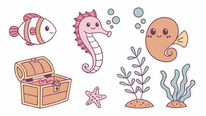 Cute cartoon sea animals and marine life set. Underwater world with fish, seahorse, starfish, and treasure chest vector.
