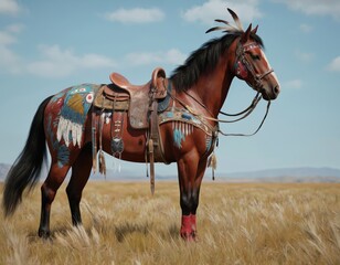 Brown horse with Native American war paint, feathers stands in dry grass field under clear sky. Horse wears saddle, bridle, adorned with intricate designs, vibrant colors, reflecting cultural