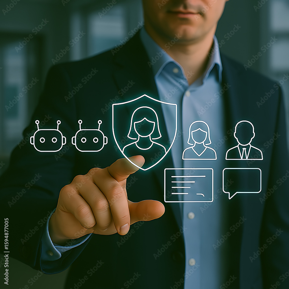 Poster businessman points at digital cybersecurity shield safeguarding user data, representing privacy and 