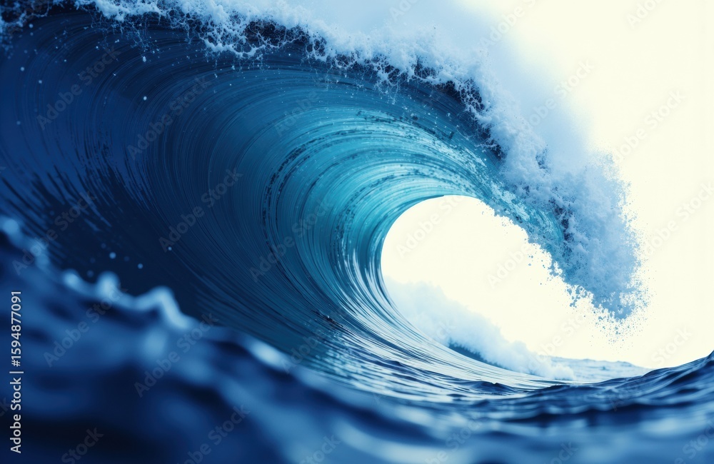 Poster a powerful ocean wave curls in a dynamic motion with deep blue and white foam