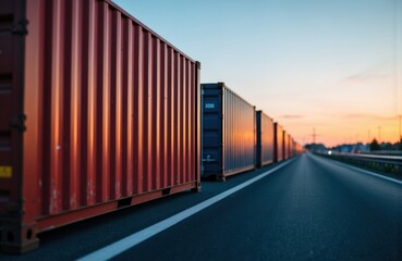Obraz premium Long row of colorful shipping containers on highway at sunset creating a sense of transportation and logistics