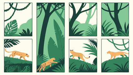 Wild puma in tropical jungle forest. Green nature background with trees, leaves, and wildlife animal vector.