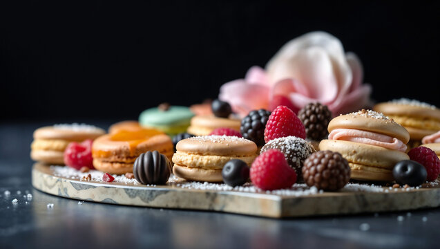 Elegant display of colorful French macarons with fresh berries on marble serving board.