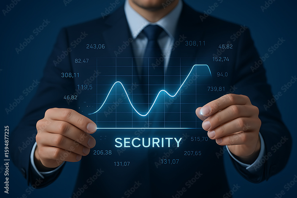 Aufkleber a businessman presenting a security concept with a glowing graph and data on a dark blue backdrop de