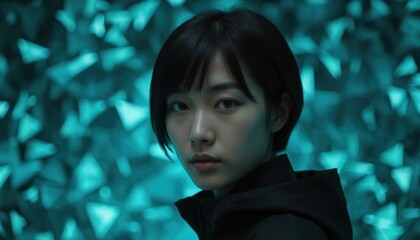 Portrait of young woman against blurred teal geometric triangle background. Expression calm. Abstract pattern suggests technology, innovation, modern, sleek aesthetic suitable for corporate branding