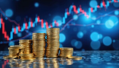 Stacks of gold coins against blurred blue background showing financial stock market chart. Red, green candlesticks indicate market trends, trading data. Represents investment, economic growth,