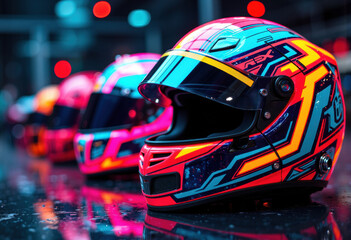 Fototapeta premium Colorful racing helmets lined up on a wet surface with vibrant reflections
