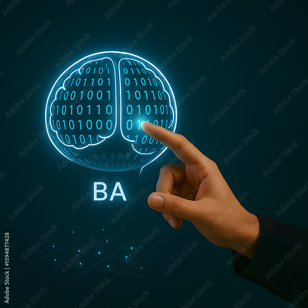 Aufkleber a futuristic brain interface is activated by a finger touch, digital data in glowing blue on a dark 