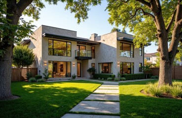 Fototapeta premium Modern two-story house with large windows and a well-maintained lawn under a clear sky