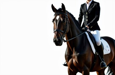 Fototapeta premium Woman riding a horse dressed in equestrian attire with a plain white background
