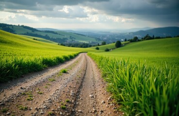 A dirt road winds through lush green fields under a cloudy sky in a scenic rural landscape