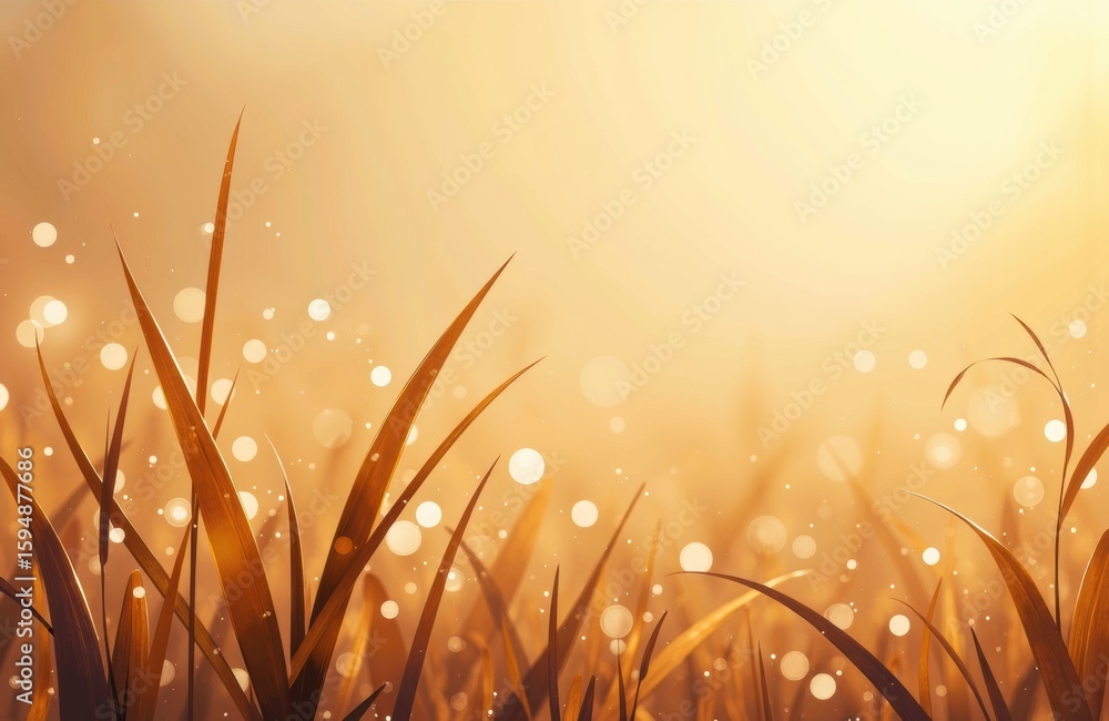 Poster golden sunlight illuminates tall grass with a warm glow and sparkling bokeh effect in the background