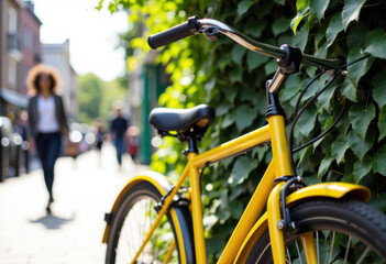 Bright yellow bicycle parked outdoors on a sunny day with a blurred city street background