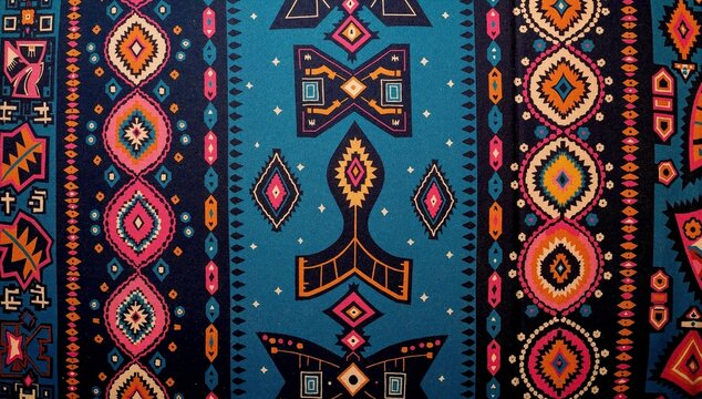 Intricate geometric textiles in vivid colors form a mesmerizing fusion of tradition, artistry, and design.