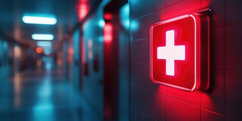 Bright red emergency sign illuminates hospital corridor at night highlighting medical care access