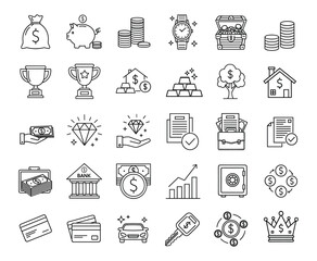 Extensive linear icon set representing finance, wealth, currency, and investment concepts, including money bags, piggy banks, coins, trophies, gold, property, diamonds, documents, etc.