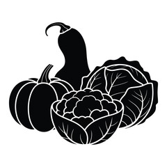 Naklejka premium Black silhouette of pumpkin cauliflower and cabbage vegetables squash gourd