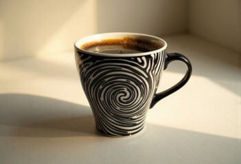 Artistic black and white spiral patterned coffee cup filled with dark coffee on a light surface