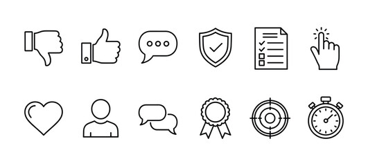 Fototapeta premium Essential line icons for social media and user engagement, featuring thumbs down, thumbs up, chat bubbles, shield with checkmark, checklist, hand cursor, heart, user profile, speech bubbles, medal.