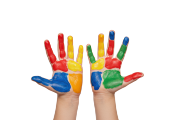 Young child's hands (4-7 years), soft and smooth, completely covered in vibrant matte rainbow paint (red, orange, yellow, green, blue), held open against a clean white studio background, concept of