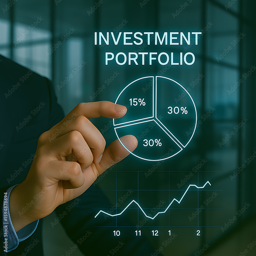 Poster man presents investment portfolio with pie chart and financial graph for business analysis and econo