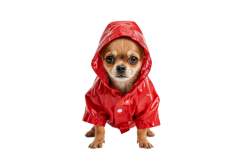 An adorable Chihuahua puppy wearing a shiny red raincoat stands bravely against the rain on transparent background
