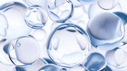 essential Oil Bubbles for cosmetics in water. blue liquid bubbles, fluid flow. Collagen, atoms floating, Moisturizing Cream, Skin Serum, Vitamin, beauty concept, 3d render