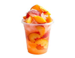 Peach fruit salad in a transparent cup on transparent background