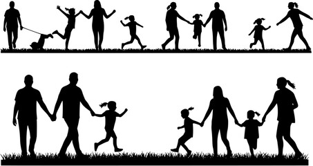 Naklejka premium Group of people kids young adult and seniors outdoor activities silhouettes set collection