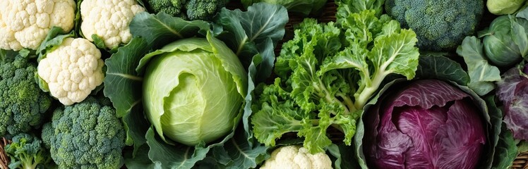 Assorted fresh vegetables including cabbage, broccoli, cauliflower, kale. Varieties like red, green cabbage are presented in rustic woven basket, ideal for healthy eating, culinary inspiration.