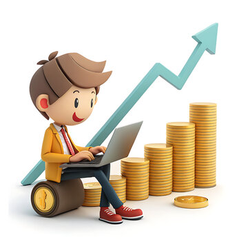 Cartoon Man Laptop Financial Growth Stacks Coins Online Investment