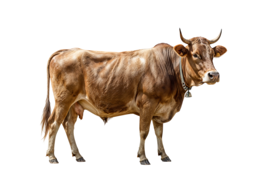 A majestic brown cow stands confidently its bell softly chiming in a serene moment captured on transparent background