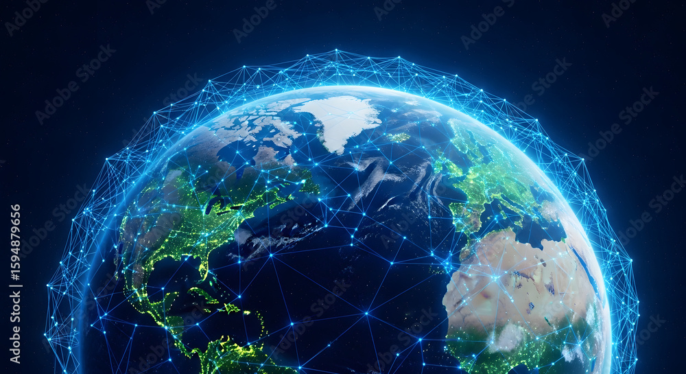 Poster a digital representation of the earth, highlighted by a network of interconnected lines, emphasizing
