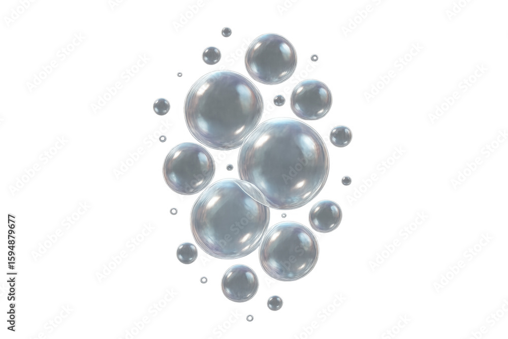 Poster cluster of transparent soap bubbles floating on a transparent background, creating a clean and airy 