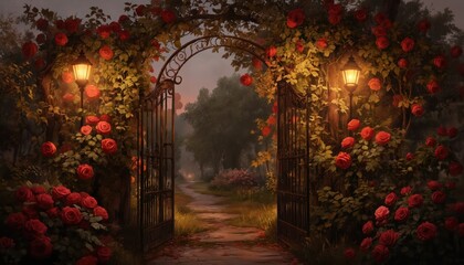 Fototapeta premium Autumn evening park scene with blooming red roses. Cozy lamps illuminate an old wrought iron gate. Digital art illustration offers a romantic, magical atmosphere perfect for wallpaper or wall art.
