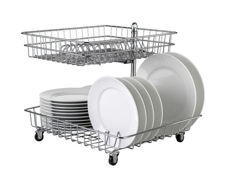 Stainless steel dish rack with clean stacked plates isolated on white background
