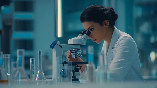 Scientist focuses through microscope studying sample for precision science project. Laboratory table holds data charts. Researcher runs experiment for analysis, drives discovery controlled laboratory.
