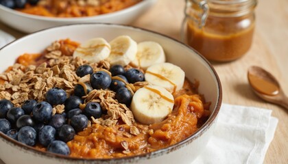 Fototapeta premium Hearty sweet potato breakfast bowl with mashed sweet potatoes, blueberries, banana slices, granola, peanut butter drizzle. Caramel jar in background. Wholesome, delicious, vibrant meal.
