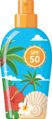 Tropical Sunscreen Spray Bottle with SPF 50 and Beach Elements.