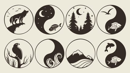 Nature and wildlife silhouette icons set. Animals, landscapes, Yin Yang symbols, mountains, trees, and water. Vector illustration.