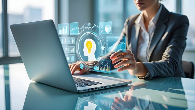 Knowledge and information management. AI-driven automated knowledge discovery systems. Businessman using laptop computer to manage document and knowledge.
