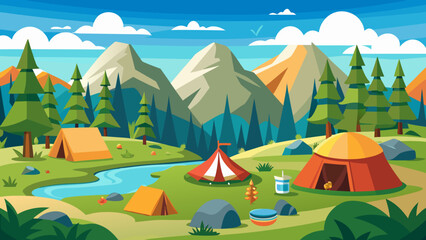 Vibrant mountain landscape with tents and a winding river